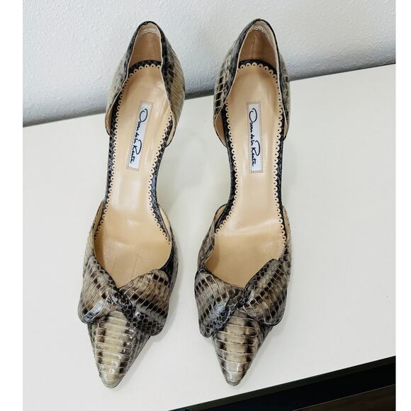 Oscar de la Renta Leather Snakeskin Front Bow Pointed Toe Heel 37 / 6.5 - Picture 3 of 14